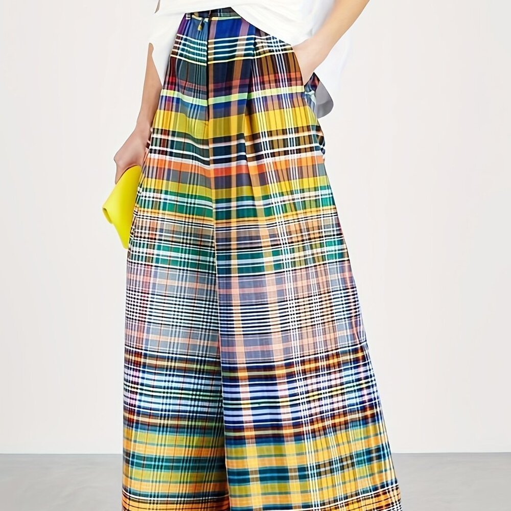 Trendy Loose-Fitting Checkered Wide-Leg Casual Trousers - Picture 6 of 6
